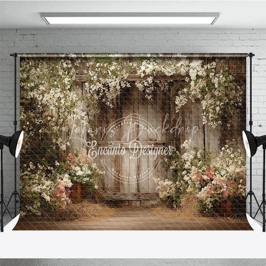 Lofaris Rustic Wooden Wall with White and Pink Flowers Photography Backdrop Spring Summer Floral Arch for Wedding Portrait