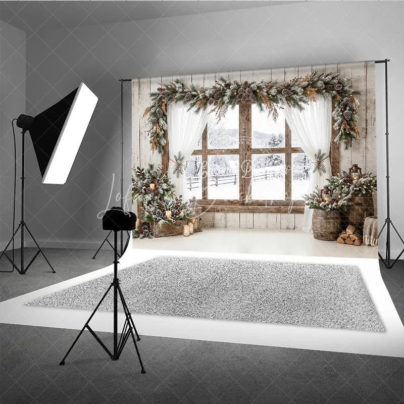 Lofaris Rustic Wooden Window Holiday Backdrop Snowy Winter Scene with Frosted Pine Garland and Warm Lights Decor
