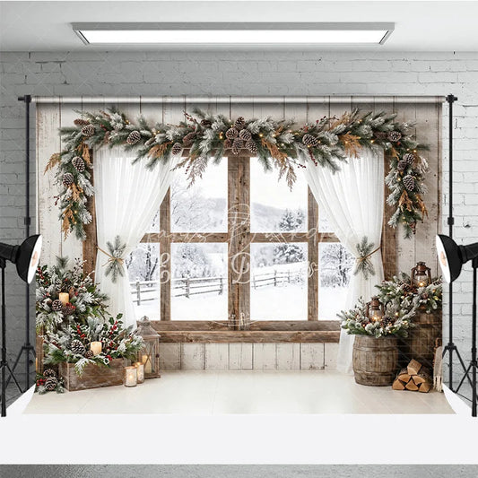 Lofaris Rustic Wooden Window Holiday Backdrop Snowy Winter Scene with Frosted Pine Garland and Warm Lights Decor
