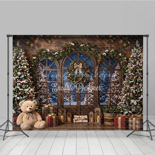 Lofaris Rustic Wooden Window Holiday Backdrop with Snowy Christmas Trees Festive Garland and Cozy Winter Gifts