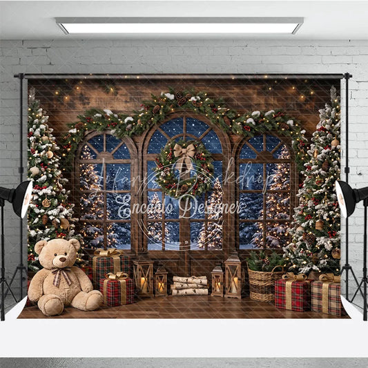 Lofaris Rustic Wooden Window Holiday Backdrop with Snowy Christmas Trees Festive Garland and Cozy Winter Gifts
