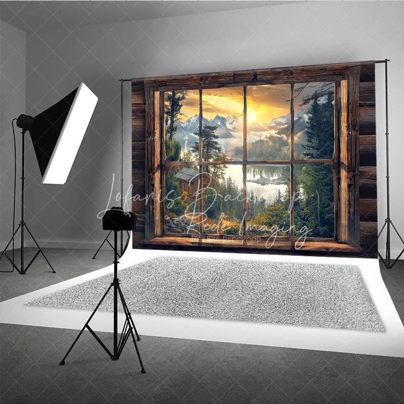 Lofaris Rustic Wooden Window View Photography Backdrop Sunrise Lake and Mountains Studio Background