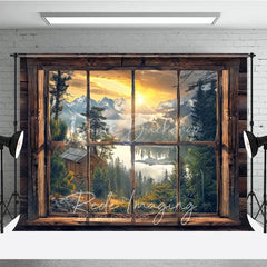 Lofaris Rustic Wooden Window View Photography Backdrop Sunrise Lake and Mountains Studio Background
