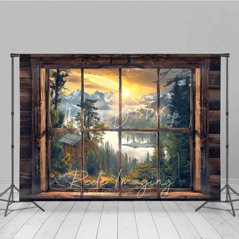 Lofaris Rustic Wooden Window View Photography Backdrop Sunrise Lake and Mountains Studio Background