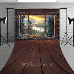 Lofaris Rustic Wooden Window View Photography Backdrop Sunrise Lake Mountains Sweep Portrait Studio Background