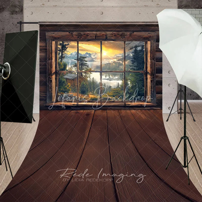 Lofaris Rustic Wooden Window View Photography Backdrop Sunrise Lake Mountains Sweep Portrait Studio Background