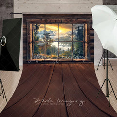 Lofaris Rustic Wooden Window View Photography Backdrop Sunrise Lake Mountains Sweep Portrait Studio Background