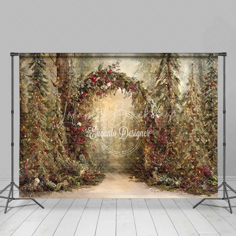 Lofaris Rustic Woodland Forest Arch Backdrop Red Berry Sunlit Pine Tree Photography Background