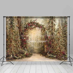 Lofaris Rustic Woodland Forest Arch Backdrop Red Berry Sunlit Pine Tree Photography Background