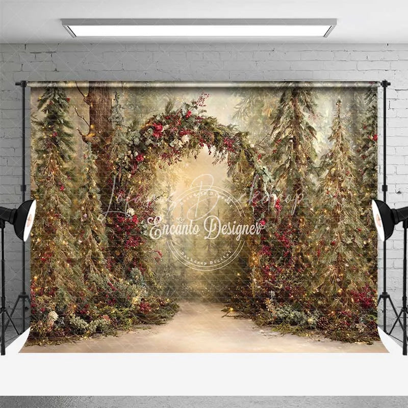 Lofaris Rustic Woodland Forest Arch Backdrop Red Berry Sunlit Pine Tree Photography Background