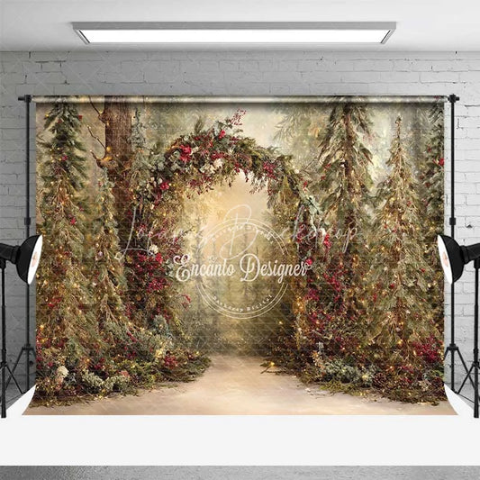 Lofaris Rustic Woodland Forest Arch Backdrop Red Berry Sunlit Pine Tree Photography Background