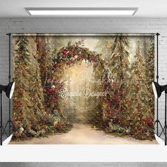 Lofaris Rustic Woodland Forest Arch Backdrop Red Berry Sunlit Pine Tree Photography Background