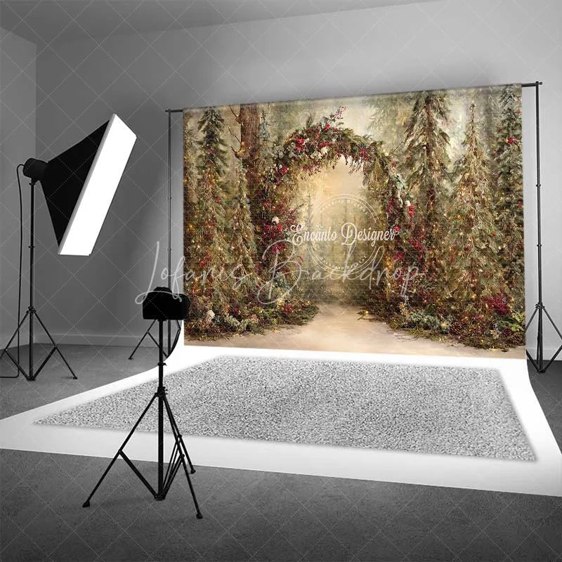 Lofaris Rustic Woodland Forest Arch Backdrop Red Berry Sunlit Pine Tree Photography Background