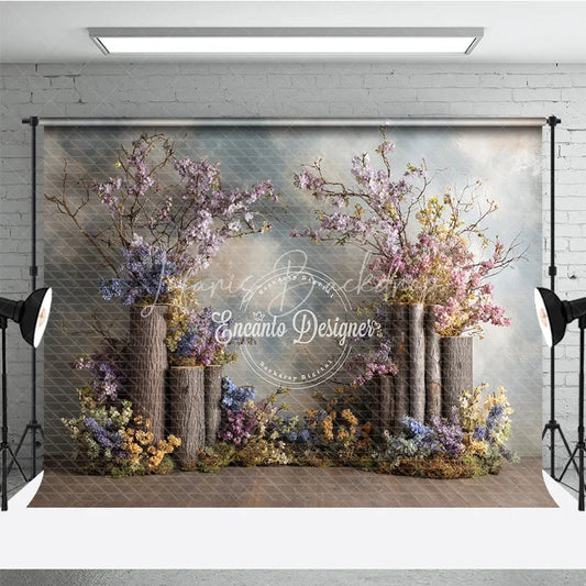 Lofaris Rustic Woodland Wedding Backdrop Floral Tree Stumps Photo Background Enchanted Forest Blossoms Photography for Bridal Shower