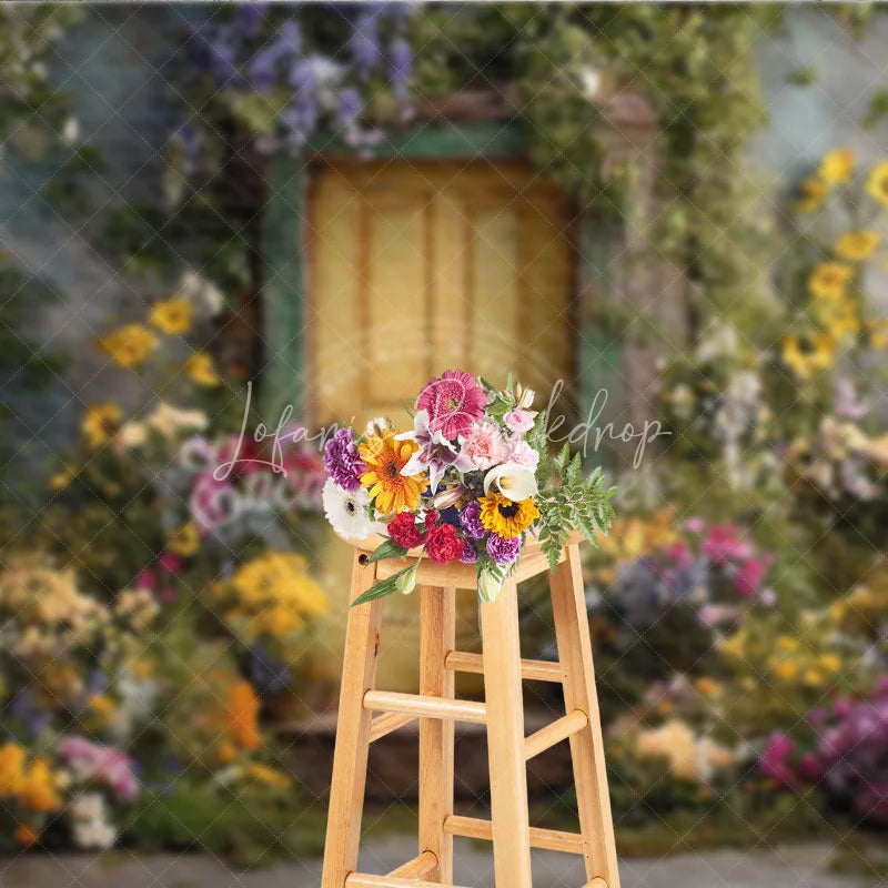 Lofaris Rustic Yellow Door Photography Backdrop with Vibrant Floral and Lush Greenery Enchanted Garden Scene