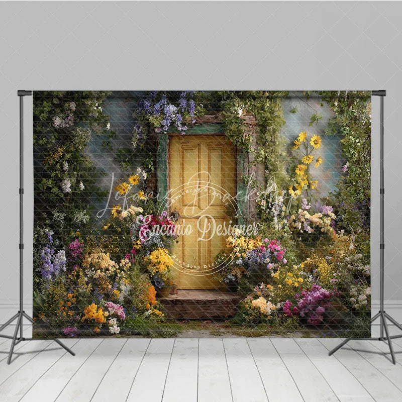 Lofaris Rustic Yellow Door Photography Backdrop with Vibrant Floral and Lush Greenery Enchanted Garden Scene