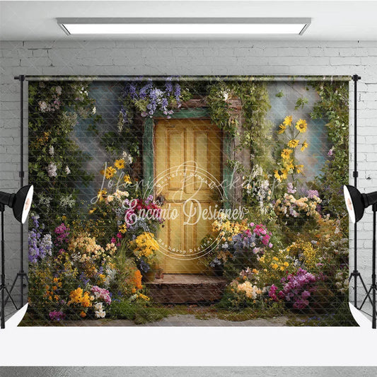 Lofaris Rustic Yellow Door Photography Backdrop with Vibrant Floral and Lush Greenery Enchanted Garden Scene