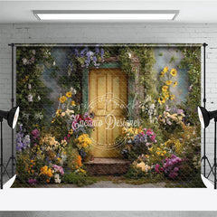 Lofaris Rustic Yellow Door Photography Backdrop with Vibrant Floral and Lush Greenery Enchanted Garden Scene