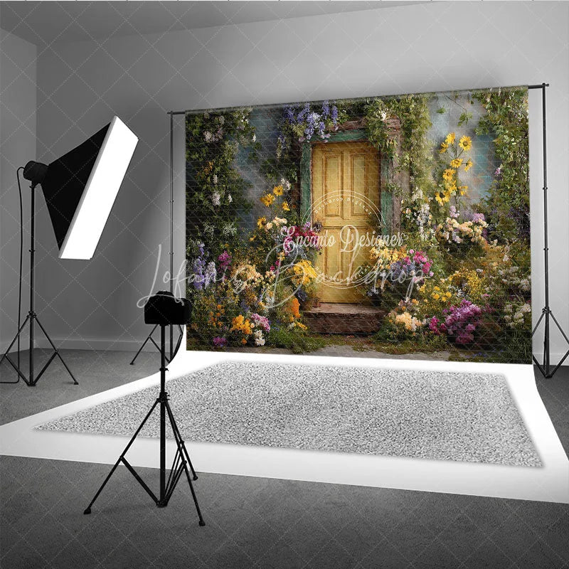 Lofaris Rustic Yellow Door Photography Backdrop with Vibrant Floral and Lush Greenery Enchanted Garden Scene