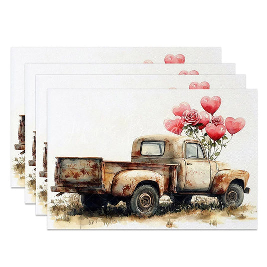 Lofaris Rusty Beige Truck Heart Balloon Set of 4 Placemats Vintage Rose Valentine Decoration Farmhouse Love Table Mat