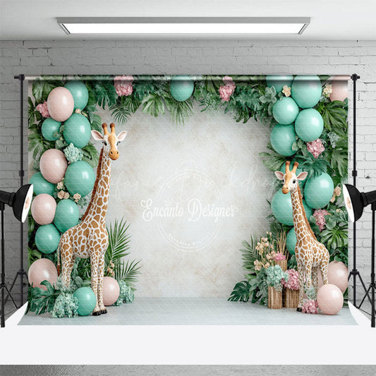 Lofaris Safari Giraffe Green Balloons Cake Smash Backdrop