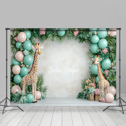 Lofaris Safari Giraffe Green Balloons Cake Smash Backdrop