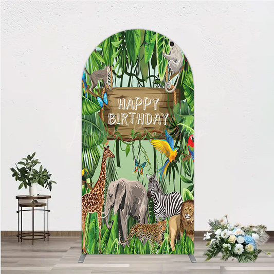 Lofaris Safari Happy Birthday Arch Backdrop Wild Jungle Animals Theme Tropical Party Decor for Kids Photo Booth
