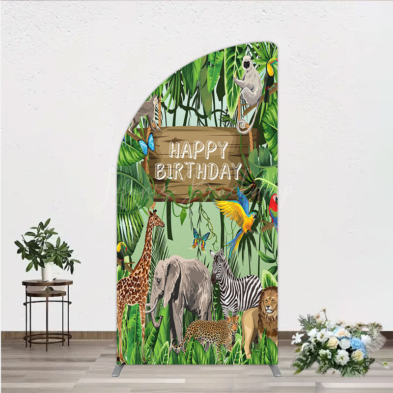 Lofaris Safari Happy Birthday Half Moon Arch Backdrop Wild Jungle Animals Theme Tropical Party Decor for Kids Photo Booth