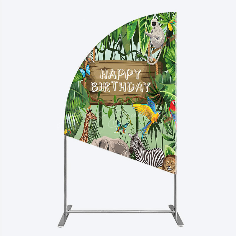 Lofaris Safari Happy Birthday Half Moon Arch Backdrop Wild Jungle Animals Theme Tropical Party Decor for Kids Photo Booth