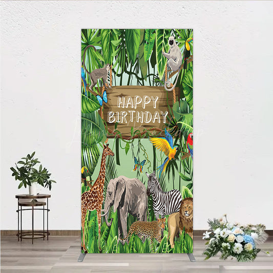 Lofaris Safari Happy Birthday Rectangle Backdrop Wild Jungle Animals Theme Tropical Party Decor for Kids Photo Booth