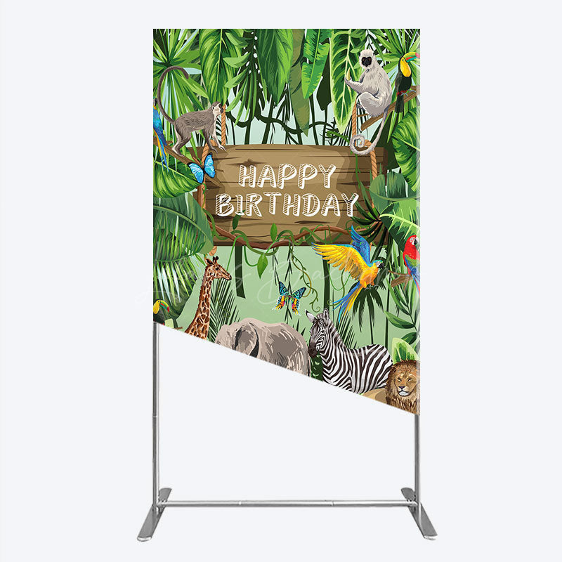 Lofaris Safari Happy Birthday Rectangle Backdrop Wild Jungle Animals Theme Tropical Party Decor for Kids Photo Booth