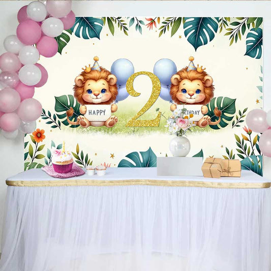 Lofaris Safari Lion Second Birthday Backdrop Two Wild Jungle Animals Party Banner Green Tropical Leaves Photo Prop Decor