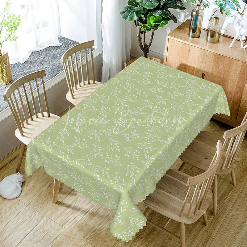 Lofaris Sage Green Botanical Branch Rectangle Tablecloth Simple Farmhouse Style with White Leaves Kitchen Dining Decor