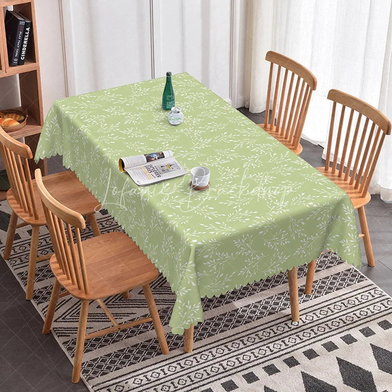 Lofaris Sage Green Botanical Branch Rectangle Tablecloth Simple Farmhouse Style with White Leaves Kitchen Dining Decor