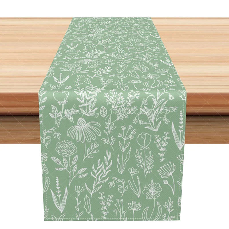 Lofaris Sage Green Botanical Table Runner with White Leaf Print Modern Farmhouse Style for Kitchen Dining Decor
