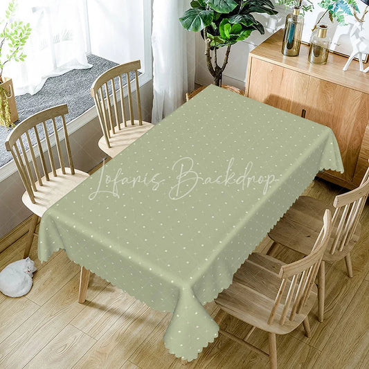 Lofaris Sage Green Geometric Rectangle Tablecloth Simple White Dots Grid Pattern Modern Minimalist Dining Room Kitchen Decor