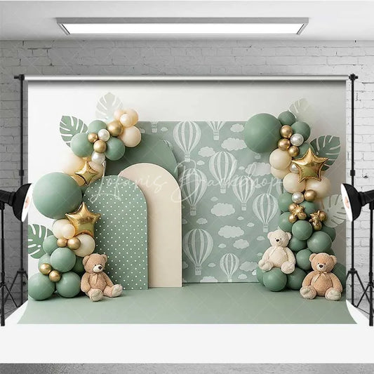 Lofaris Sage Green Hot Air Balloon Photography Backdrop Teddy Bear and Star Party Banner