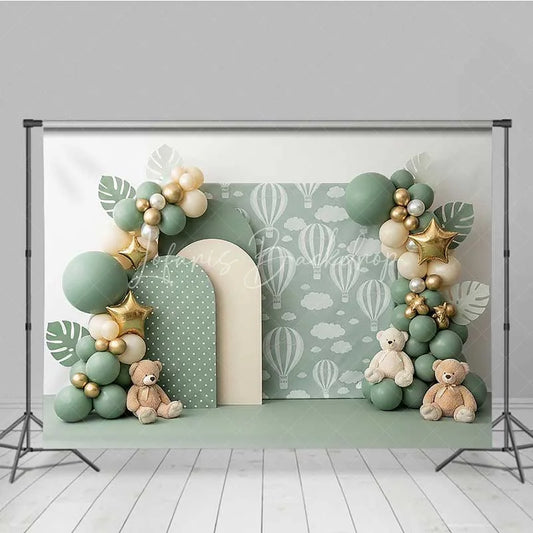 Lofaris Sage Green Hot Air Balloon Photography Backdrop Teddy Bear and Star Party Banner