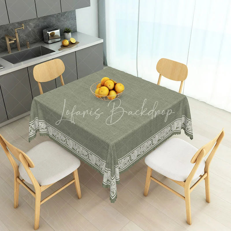 Lofaris Sage Green Rectangle Tablecloth with White Floral Leaf Border Elegant Dining Kitchen Decor