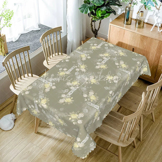 Lofaris Sage Green Rose Lace Rectangle Tablecloth Vintage Yellow Floral Ribbon Pattern Cover Elegant Dining Room Decor