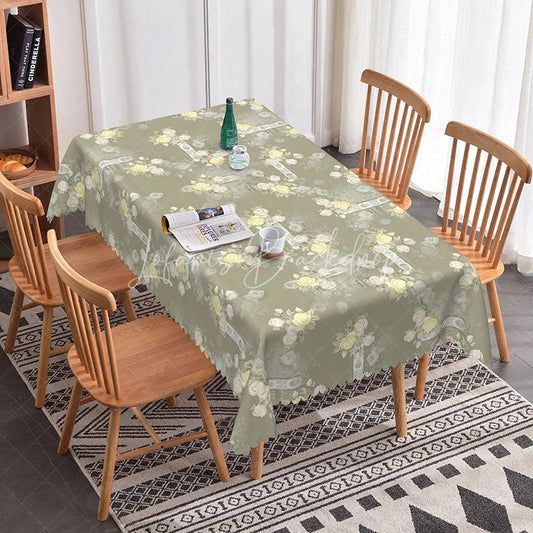 Lofaris Sage Green Rose Lace Rectangle Tablecloth Vintage Yellow Floral Ribbon Pattern Cover Elegant Dining Room Decor