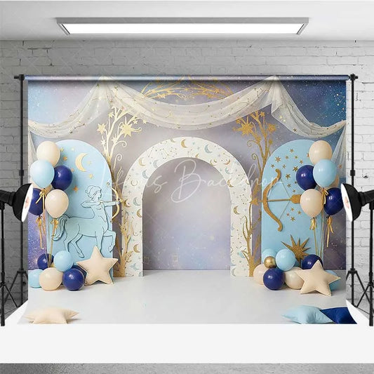 Lofaris Sagittarius Zodiac Photography Backdrop Blue Archer and Gold Stars Birthday Party Background