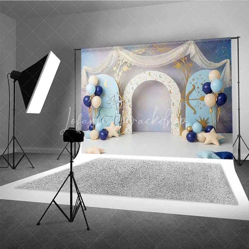 Lofaris Sagittarius Zodiac Photography Backdrop Blue Archer and Gold Stars Birthday Party Background