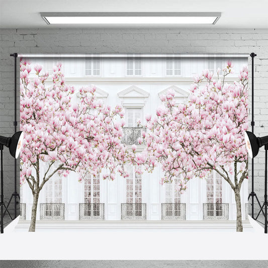 Lofaris Sakura Tree White Elegant Building Photo Backdrop