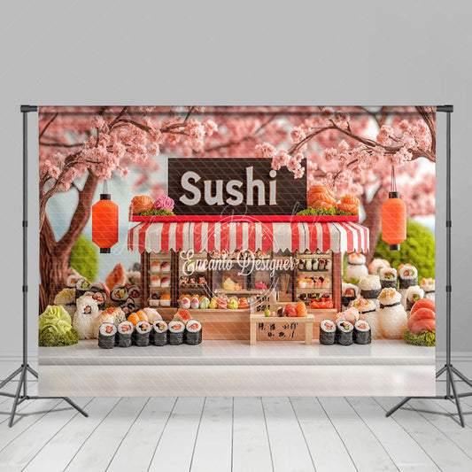 Lofaris Sakura Trees Cute Sushi Store Cake Smash Backdrop