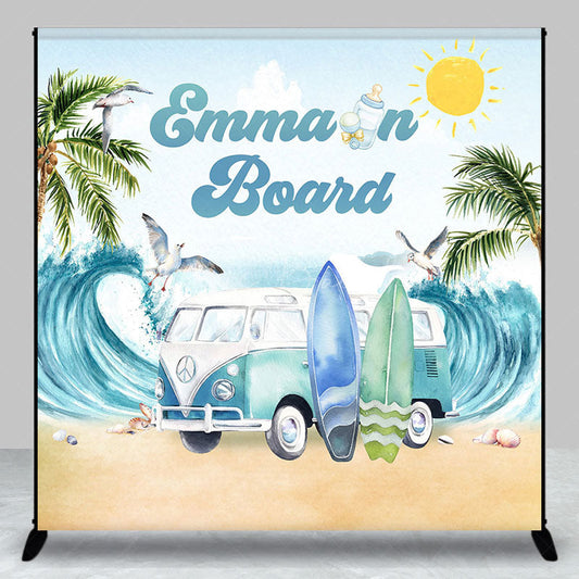 Lofaris Sand Beach Surfboard Custom Name Baby Shower Backdrop
