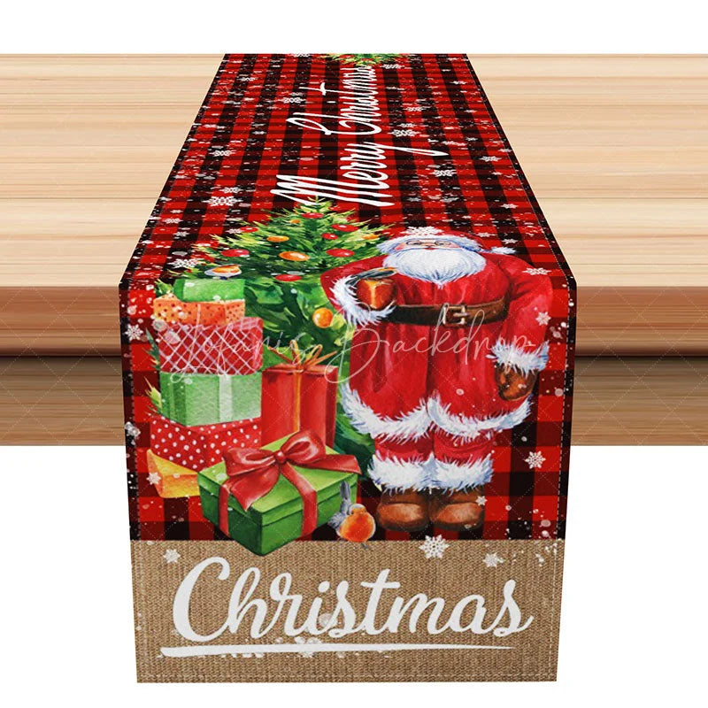 Lofaris Santa Claus Red Buffalo Plaid Table Runner Rustic Burlap ’Christmas’ Farmhouse Holiday Dining Decor