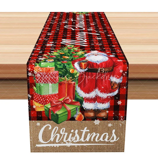 Lofaris Santa Claus Red Buffalo Plaid Table Runner Rustic Burlap ’Christmas’ Farmhouse Holiday Dining Decor