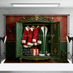 Lofaris Santa Closet Backdrop Green Wardrobe Red Coat Gift Photography Background Dressing Room Winter Holiday Party Decoration
