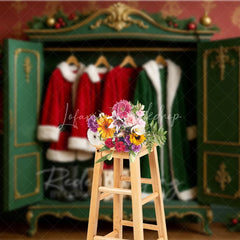 Lofaris Santa Closet Backdrop Green Wardrobe Red Coat Gift Photography Background Dressing Room Winter Holiday Party Decoration
